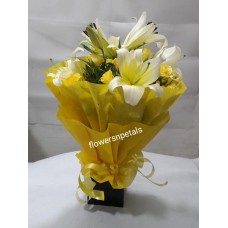 3 white Oriental lily 15 yellow Roses Bunch With Yellow Paper Packing 